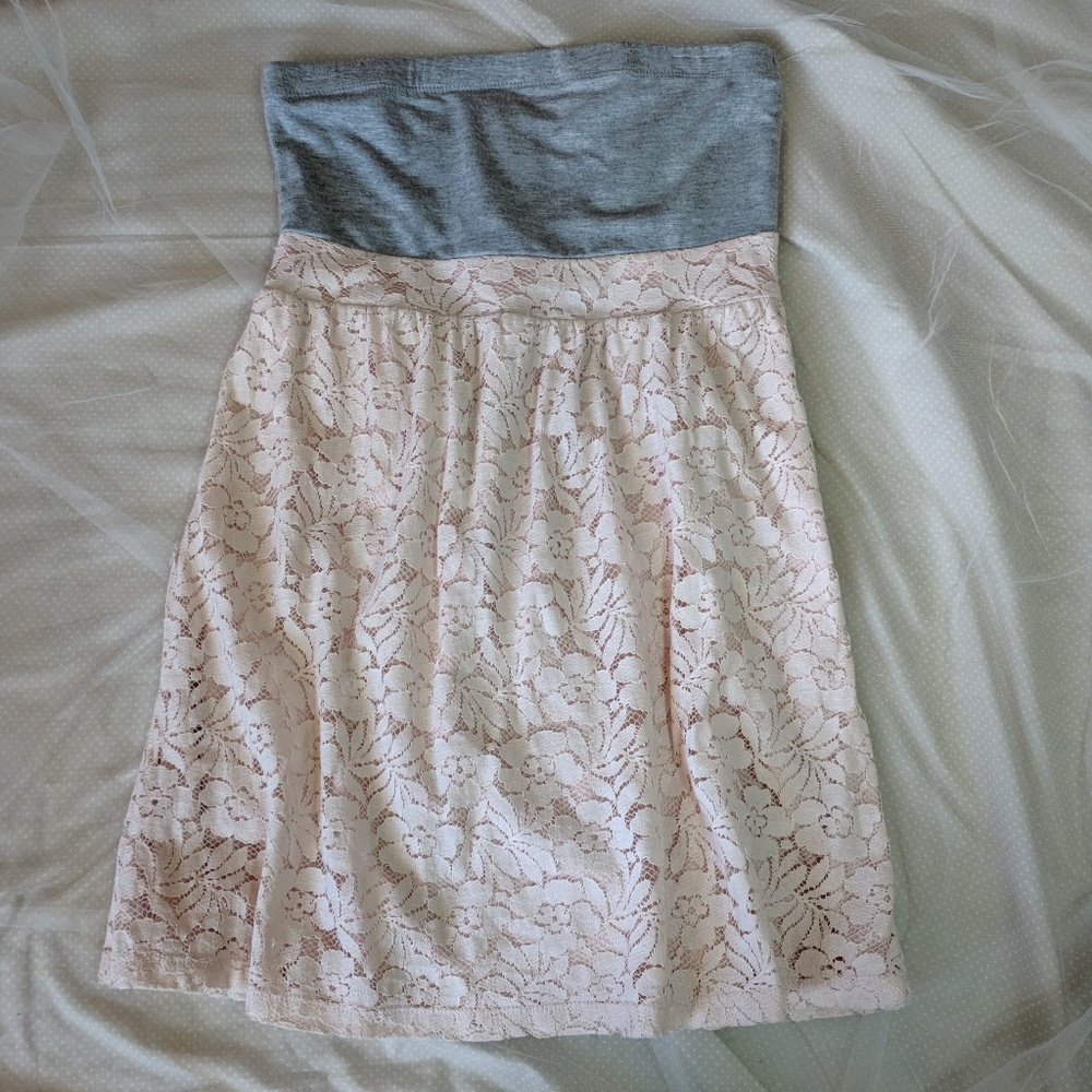 Pink floral lace and gray sleeveless dress